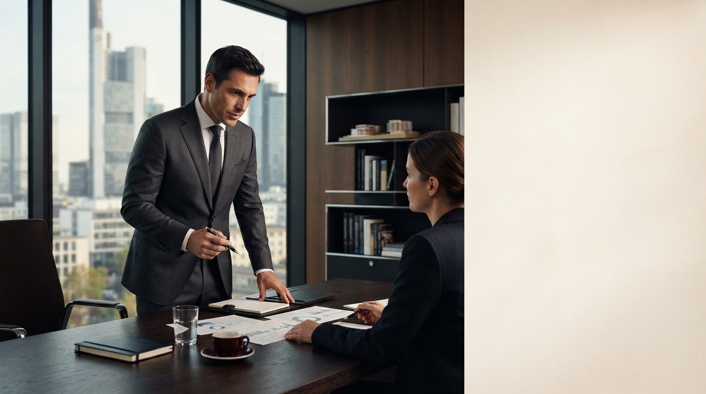 brinvestmentpro executive reviewing AI-driven investment analytics on a desk setup